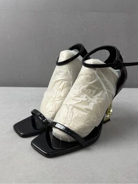 🚩steal Saint Laurent Black Patent Square-Toe Ankle-Strap Heels with Gold Accent